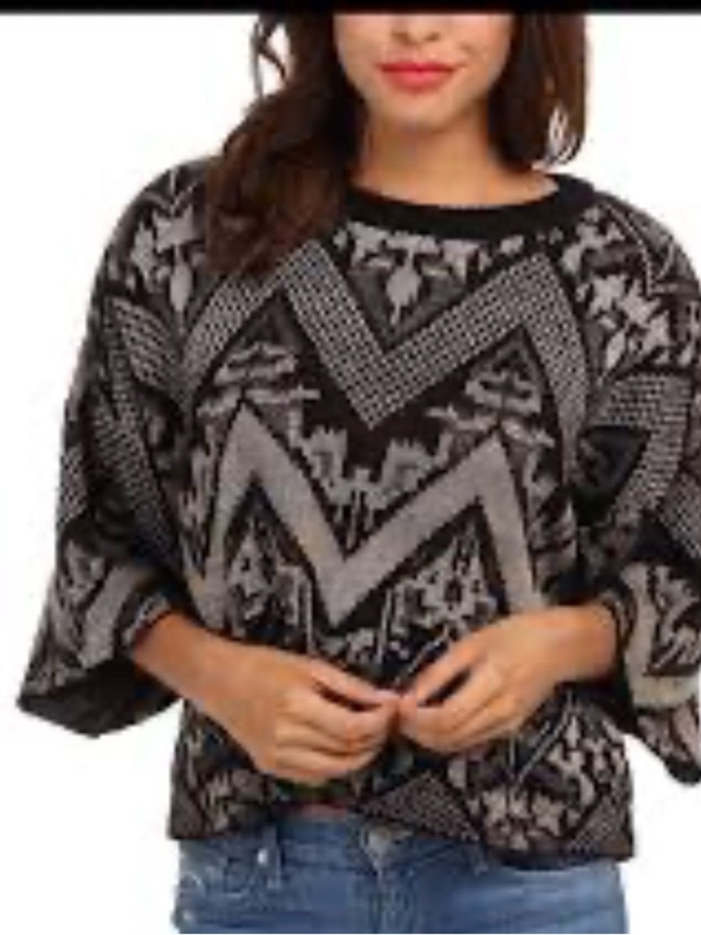 Free People Superstar boxy cropped sweater L aztec western wool mix oversized